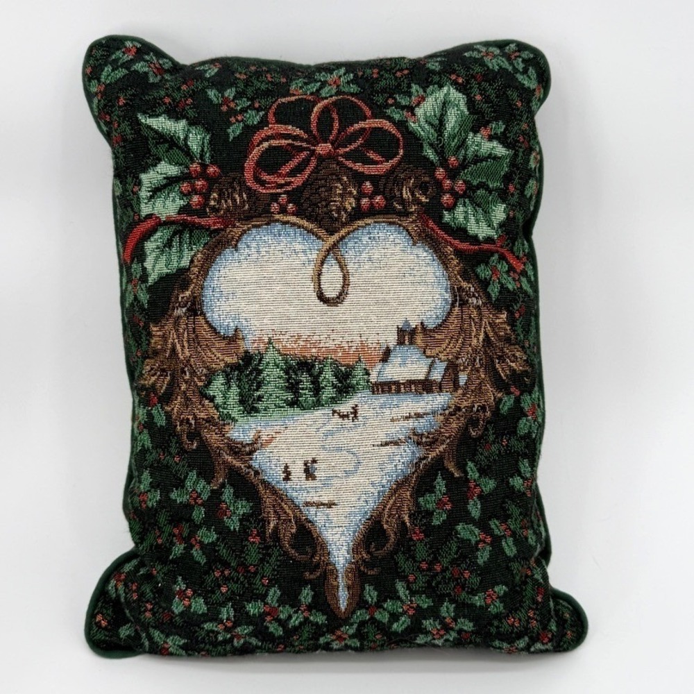 Christmas Holiday Tapestry Decorative Throw Pillow Winter Scene Holly Berries